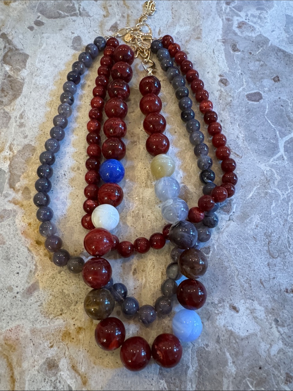 Two Handcrafted Red and Gray Beaded Statement Necklaces